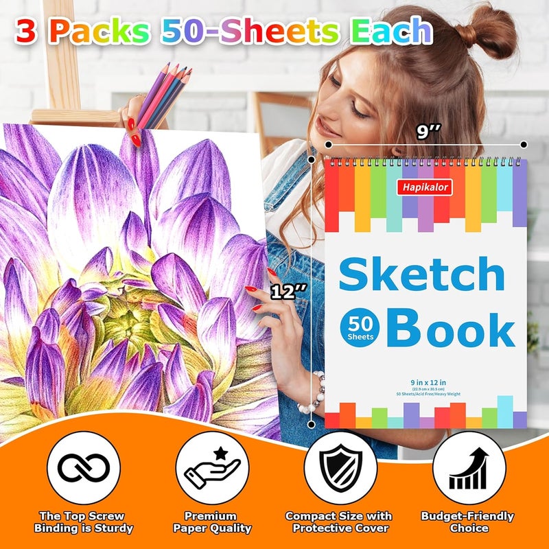 Hapikalor 3-Pack 50 Sheets 9" x 12" Sketch Book, Spiral Bound Art Sketchbook, Bulk School Supplies for Kids, Acid Free Artist Easel Drawing Paper Pad for Drawing Painting Writing Sketching - Image 2